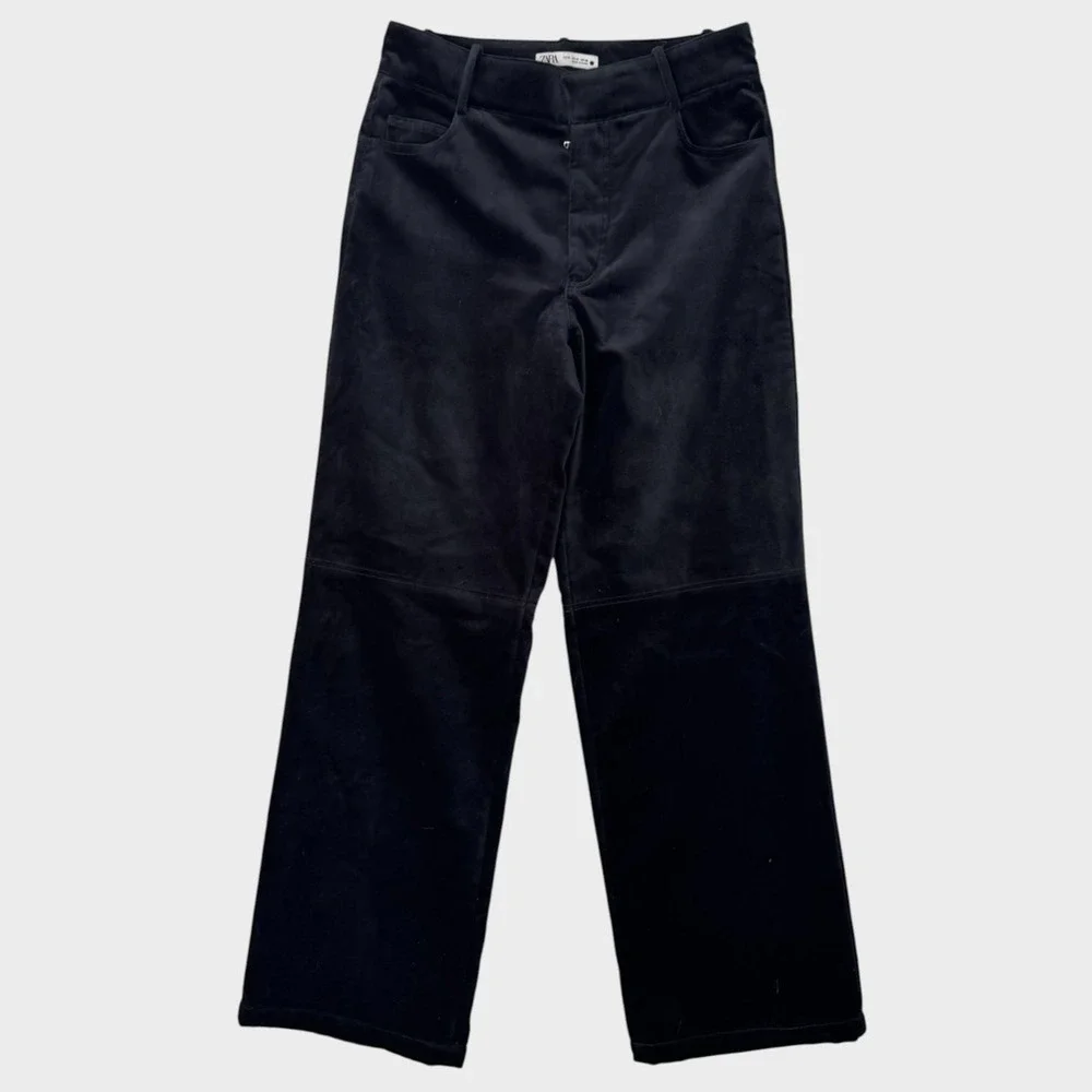 ZARA Womens Medium Black Velvet Wide Leg Velour Pants